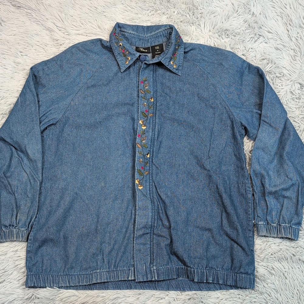 Vintage Ms. Lee Jacket Womens M Blue Floral Embroidery Zip Up‎ Lightweight